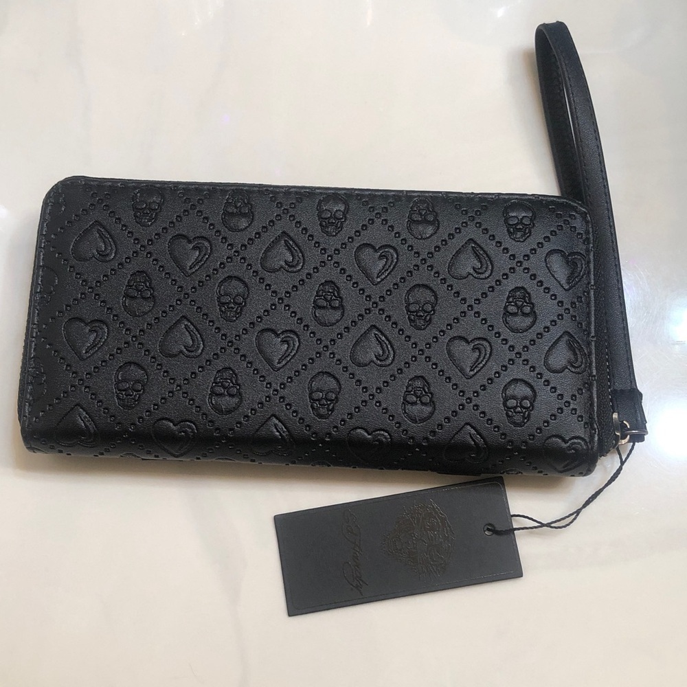 Ed Hardy Black Faux Leather ZA Wallet Embossed Skull & Heart Pattern NWT - Picture 6 of 16